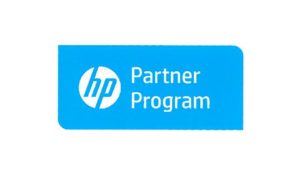 hp partner program logo with white text in a blue rectangle